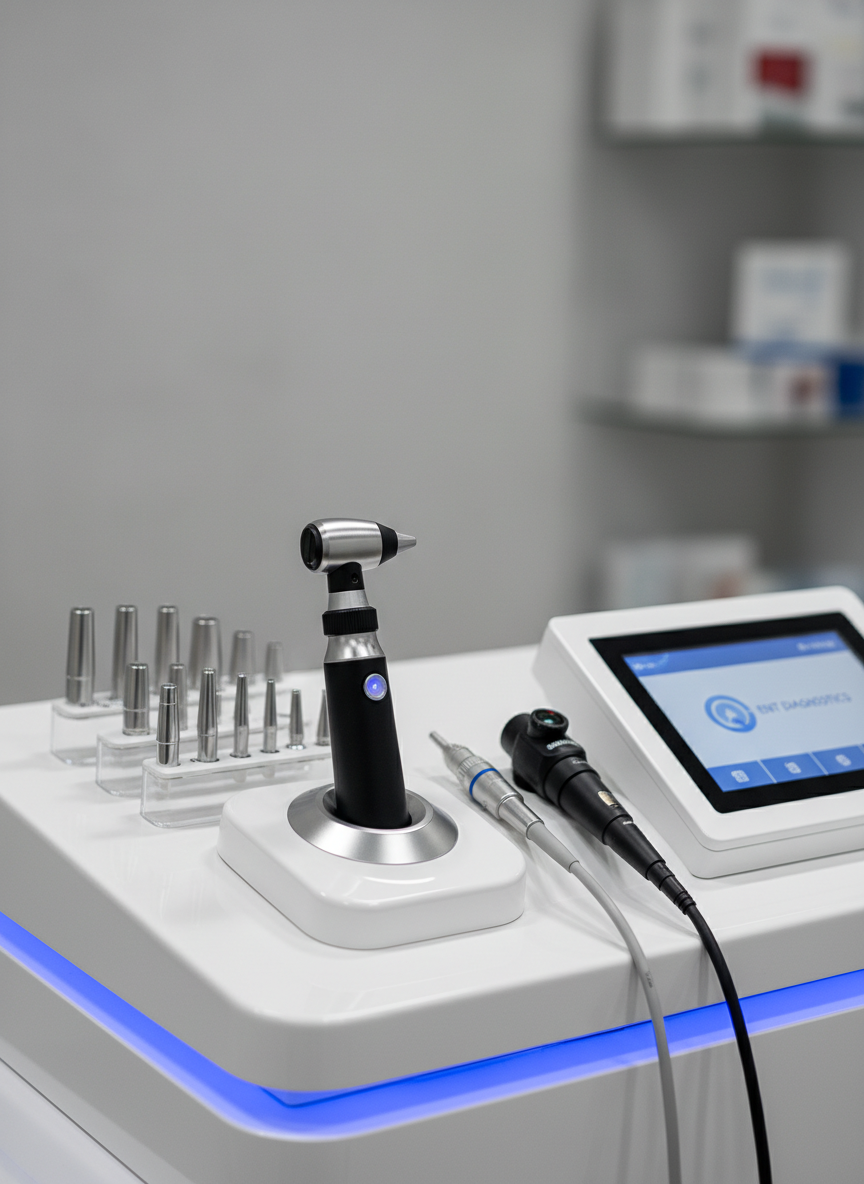 A close-up, photographic image of a high-quality ENT diagnostic station, focusing on the detailed arrangement of instruments: a stainless-steel otoscope with a matte black handle resting in a charging cradle, neatly organized specula, and a flexible fiber-optic endoscope coiled beside a touch-screen control panel. The station is integrated into a glossy white unit with subtle blue indicator lights. Soft, diffused overhead lighting creates gentle reflections on metal surfaces without harsh glare. The background falls into a soft bokeh of light grey wall and blurred shelving, emphasizing cleanliness and precision. The mood is highly professional and reassuring, highlighting modern technology and hygienic standards in the practice.