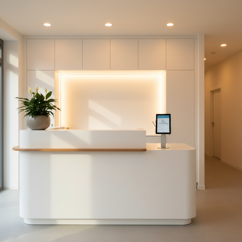 A bright, welcoming reception area of a modern ENT practice in Bünde, Germany, showing a minimalist white reception desk with a softly curved front and a subtle wooden accent along the top edge. On the counter sits a small, leafy green plant in a matte ceramic pot and a sleek tablet stand representing online appointment booking. Behind the desk are handleless white cabinets and a softly glowing light panel. Natural daylight streams through an unseen window, complemented by warm overhead downlights, creating a friendly, family-oriented mood. Photographic realism from a slightly wide angle, with clean lines, soft shadows, and a clear path leading into the interior corridor, suggesting efficient patient service.
